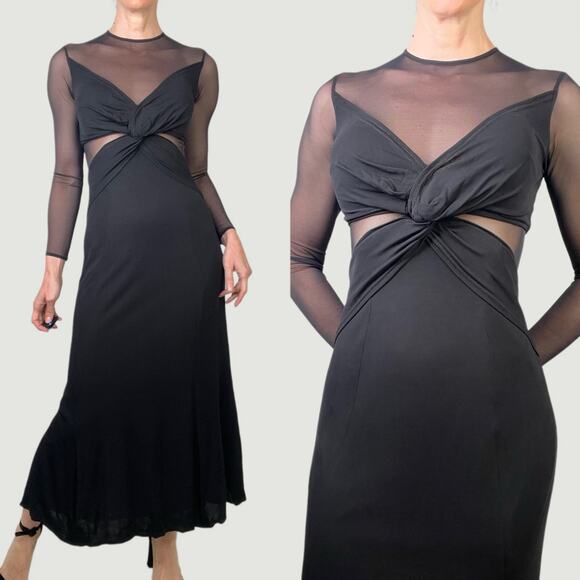 Cache Tadashi sheer illusion maxi dress vintage 90s Y2K mesh long sleeve gown S - Picture 1 of 14